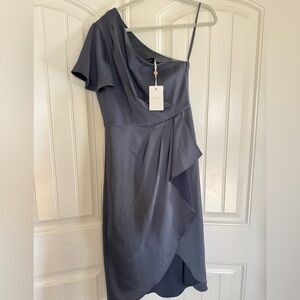 TED BAKER Ridah Waterfall Drape Pleat
One Shoulder Gunmetal Midi Dress